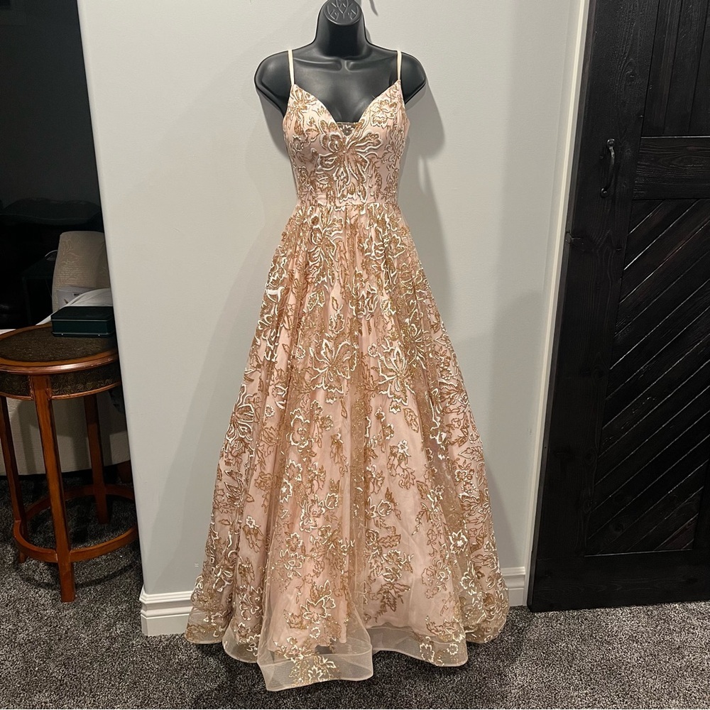 J'ADORE EVENING Blush Pink, White, Gold Evening Grad Prom Dress Floral Size 6 - Picture 2 of 16